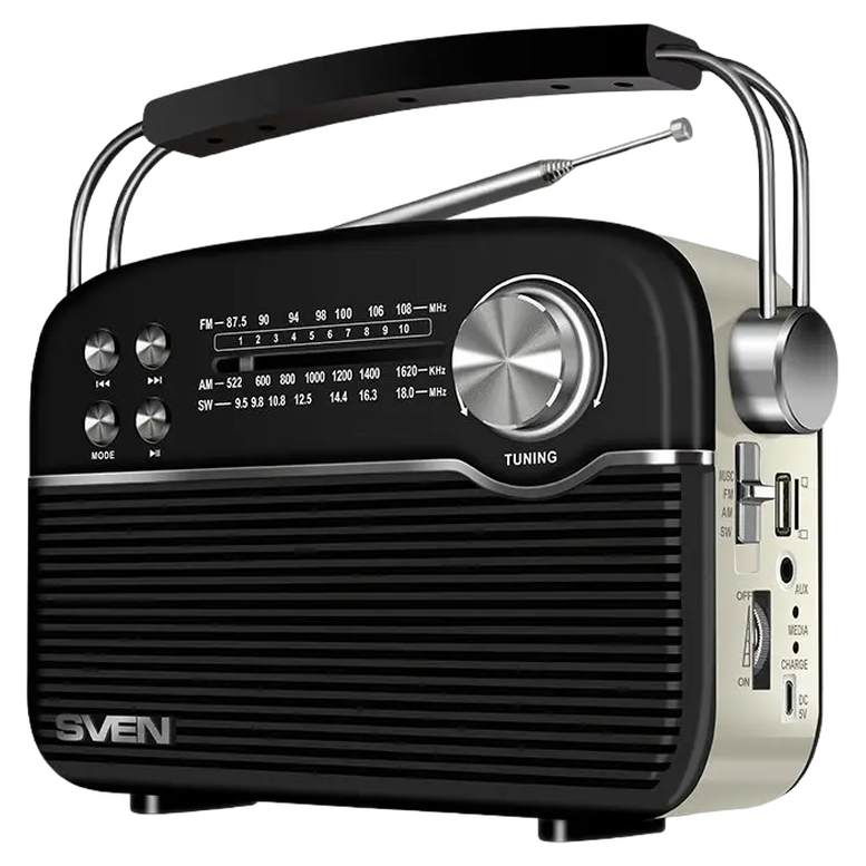 SV SRP-500 Black SVEN SRP-500 Black, FM/AM/SW Radio, 3W RMS, 8-band radio receiver, built-in audio files player from USB-fash, microSD and SD card storage devices, telescopic swivel antenna, built-in battery