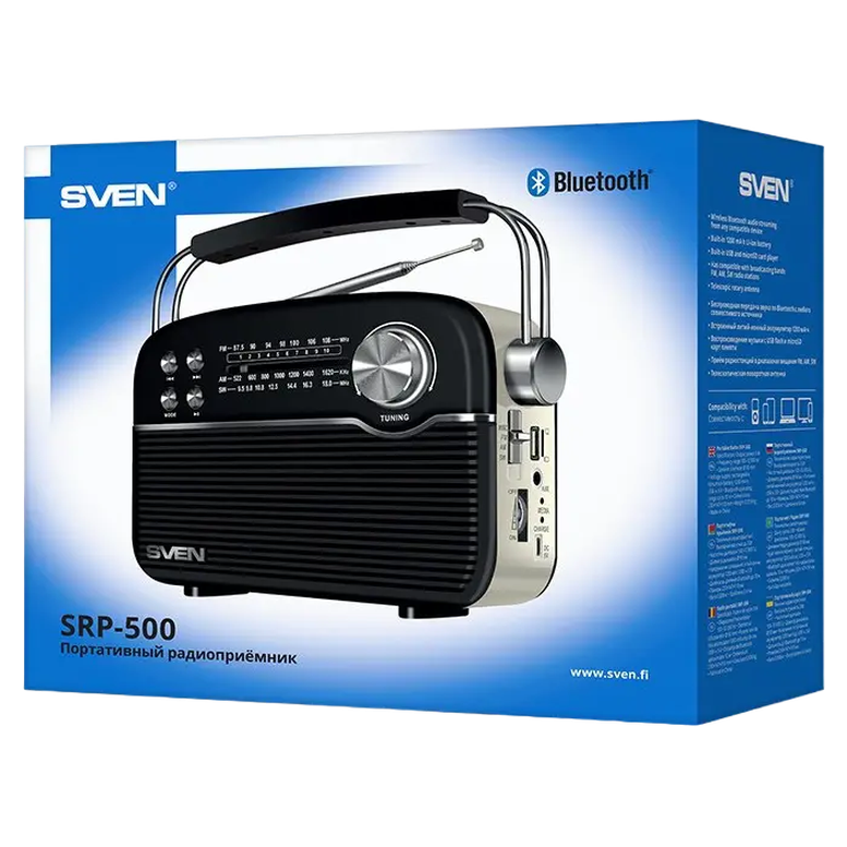 SV SRP-500 Black SVEN SRP-500 Black, FM/AM/SW Radio, 3W RMS, 8-band radio receiver, built-in audio files player from USB-fash, microSD and SD card storage devices, telescopic swivel antenna, built-in battery