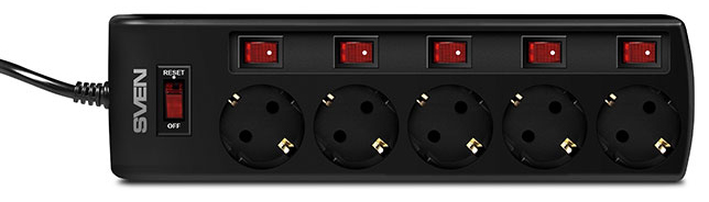 Surge Protector   5 Sockets,  1.8m,   Sven "SF-05PL", BLACK, individual switches, flame-retardant
