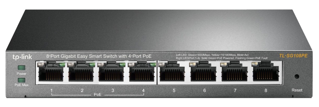 .8-port Gigabit Easy Smart Switch with 4-Port PoE TP-LINK "TL-SG108PE", steel case
