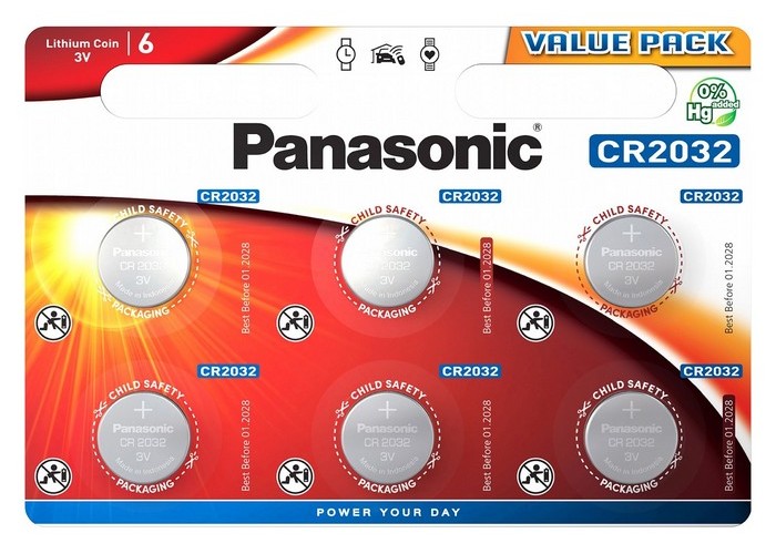 Дисковые батарейки Panasonic CR-2032EL, CR2032, 6шт.